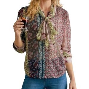 Soft Surroundings Paisley Button Front Top     Scarf Tie Floral Patchwork